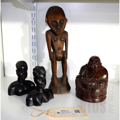 PNG Tribal Figure, Two African Ebony Busts and Hand Carved Seated Buddha 