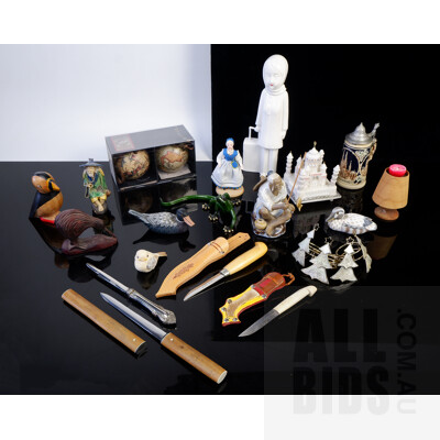 Collection Souvenir Ware Including Chinese Mudman Fisherman Figure, German Stein, Finnish Knives and More