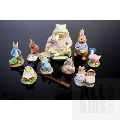 Collection Beatrix Potter Figures Including Royal Albert Jeremy Fisher Figure and Seven Border Fine Arts Studio Figures and More