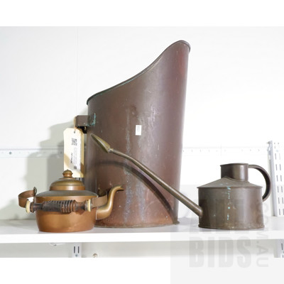 Vintage Copper Coal Scoop, Brass Teapot and Haws Genuine Copper Watering Can