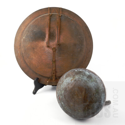Islamic Indo Persian Cast and Overlaid Brass Tray and Hand Beaten Turkish Copper Pot with Spout
