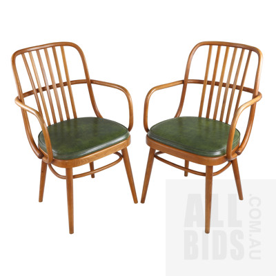 Pair of Czechoslovakian Ligna Bentwood Chairs with Green Vinyl Upholstery, Early to Mid 20th Century