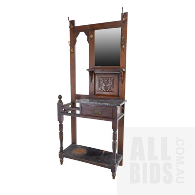 Early 20th Century Hall Stand With Beveled Glass Mirror and Marble Topped Drawer, with Drip Tray
