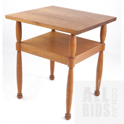 Retro Ash Side Table with Spindle Legs and Magazine Shelf