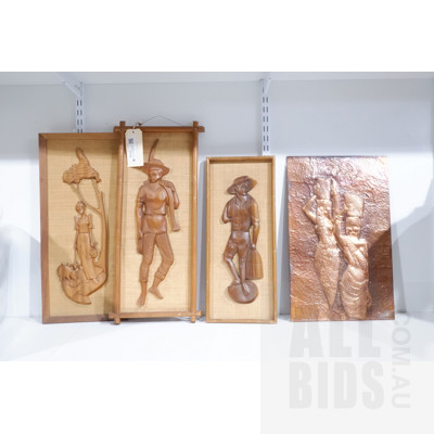 Three Vintage South East Asian Carved Wooden Panels and Hammered Copper Panel Depicting Two Women Carrying Baskets