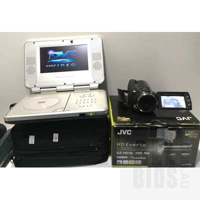 JVC GZ-HD10 Everio High Definition Camcorder, Telefunken TDV 1763 Portable DVD Player And Assorted Baseball Caps
