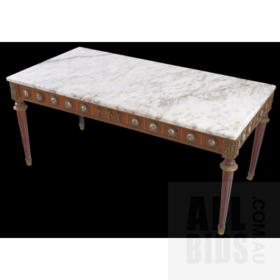 Vintage Italian Marble Top Coffee Table Table with Gilt Floral Swag and Painted Porcelain Medallions