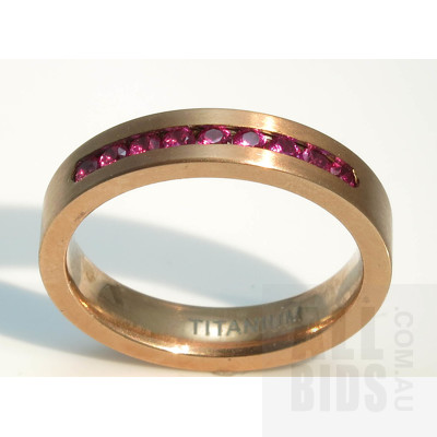 Titanium Ring,18ct Rose Gold Plated, Set with Facetted Red CZs