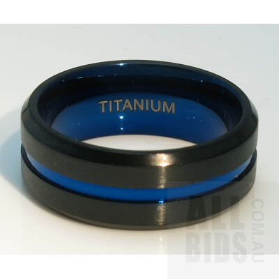 Titanium Ring, Black Brushed Finish with Metallic Blue Centre and Inside