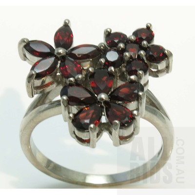 Sterling Silver Floral Ring - Natural Garnets