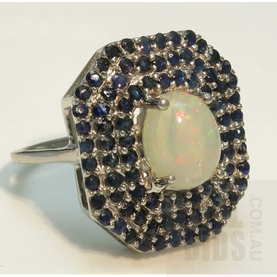 Sterling Silver Ring-Solid Opal in 3 halos of Sapphires