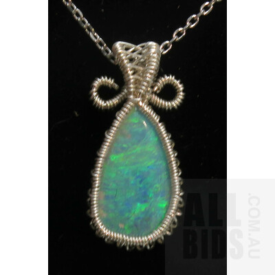 Australia Solid Opal Set in Hand-Made Silver Wrap Pendant