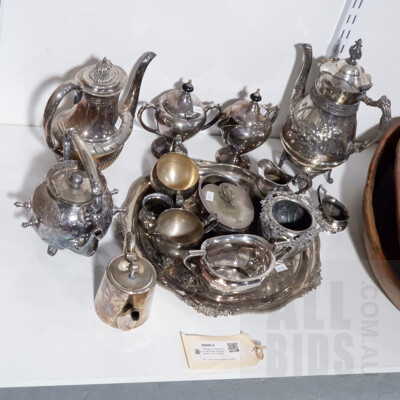 Collection of Vintage Silver Plate Items Including Teapots, Tray and More
