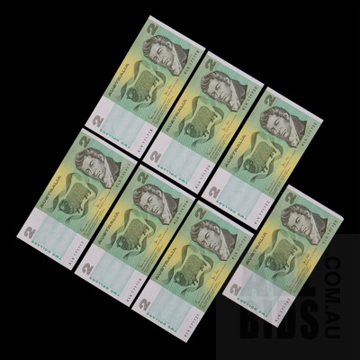 Seven Consecutively Numbered Australian Johnston/Stone $2 Notes, KLN171723-KLN171723