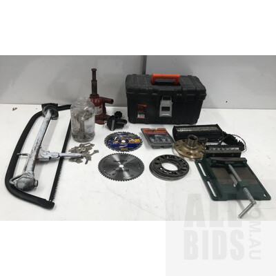 Assorted Tools And Hardware, Including Bow Saw, Hydraulic Car Jack And LED Light Strips