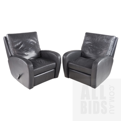 Pair of Moran Charcoal Leather Upholstered Reclining Armchairs