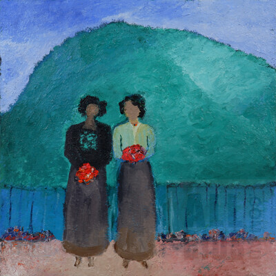 Ingrid Weiss, Two Figures with Flowers, Oil on Canvas, 50 x 50 cm