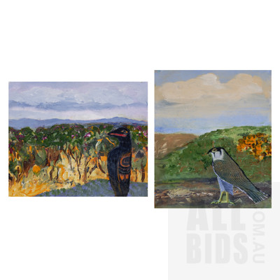 Ingrid Weiss, Bird in Landscape, Collage and Oil on Canvas, Each 30 x 25 cm (2)