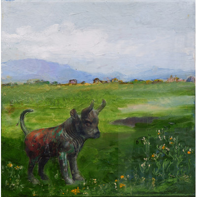 Ingrid Weiss, Landscape with Bull, Oil and Collage on Canvas, 30 x 30 cm