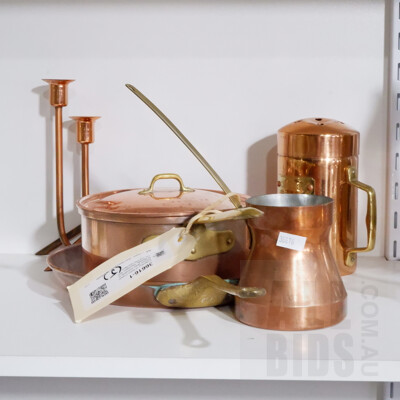 Collection of Retro Copper Kitchen Ware Including Jelly Moulds, Saucepan with Lid, Fry Pan and More
