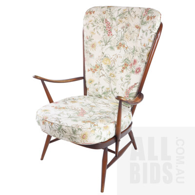 Vintage English Ercol High Back Armchair with Floral Fabric Upholstered Cushions