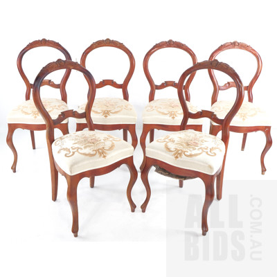 Six Victorian Style Balloon Back Dining Chairs with Carved Rose Motif, Cabriole Front Legs and Gold Floral Fabric Upholstery