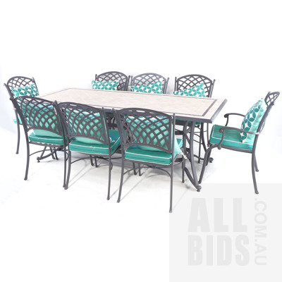 Large Wrought Alloy Outdoor Table with Eight Matching Chairs