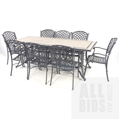 Large Wrought Alloy Outdoor Table with Eight Matching Chairs