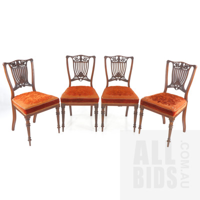 Four Edwardian Mahogany Dining Chairs with Decorative Pierced Floral Wreath Back and Patterned Velvet Upholstery