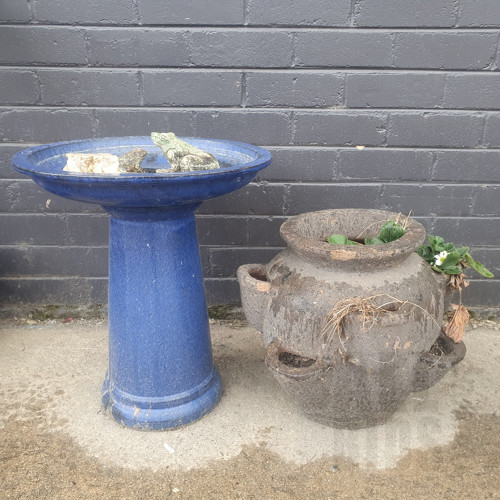 Blue Glazed Bird Bath with Three Ornamental Frogs, and a Strawberry Pot