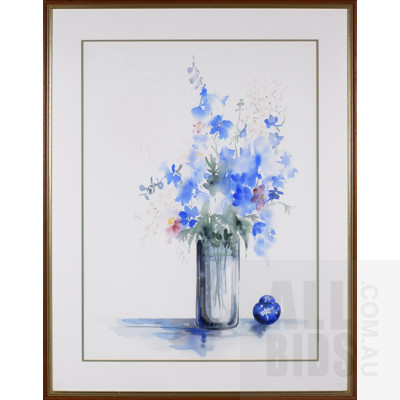 Framed Watercolour, Cornflowers and Ginger Jar, 74 x 55 cm