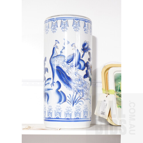 Chinese Ceramic Umbrella Stand with Peacock Motif, Contemporary