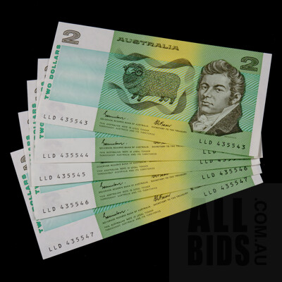 Consecutive Set of Five $2 1985 Johnston Fraser 5 X Australian Two Dollar Banknotes R88 LLD435543-7