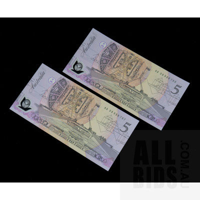 Consecutive Pair $5 1992 Fraser Cole 2 X Australian Five Dollar Polymer Banknotes R214 AA09958766-7