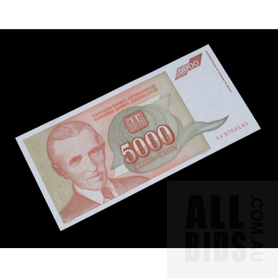 1993 Yugoslavian 5 000 Donara Banknote AA9768143