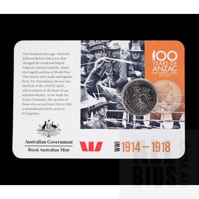 2018 20c Australian Twenty Cent Coin 100 Years of Anzac Commemorative