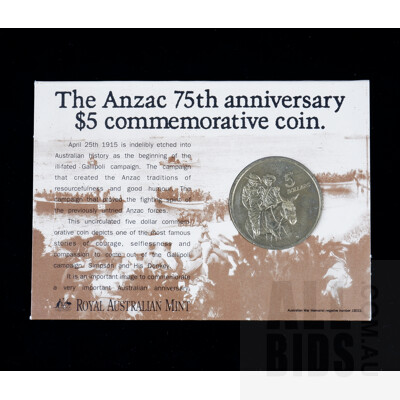 1990 RAM $5 Coin Australian Uncirculated Five Dollar Coin Card Anzac Anniversary Commemorative