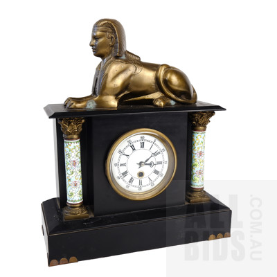 Antique Slate and Marble Egyptian Revival Mantle Clock with Brass Sphinx and Hand Painted Porcelain Corinthian Columns, with Key 