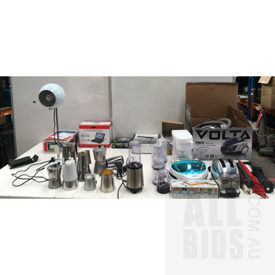 Assorted Kitchen Appliances Including, Toaster, Microwave, Sandwich Maker And Vacuum Cleaner With A Large Vintage Crate
