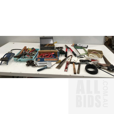 Assorted Hand Tools Including, Hedge Trimmer, Wood Saw, Screw Drivers And Solder Feed Gun