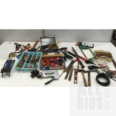 Assorted Hand Tools Including, Hedge Trimmer, Wood Saw, Screw Drivers And Solder Feed Gun