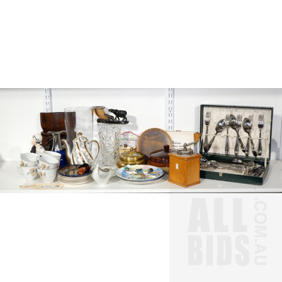 Six Japanese Ceramics Tea Duos, Boxed Flatware Service, Hand Coffee Grinder, Cut Glass Vase, Horn Ashtray and More