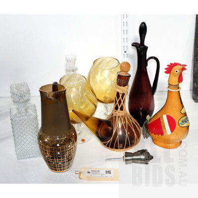Two Oversize Orange Glass Brandy Balloons, 1971 Tuscan Red Wine in Leather Covered Bottle and More