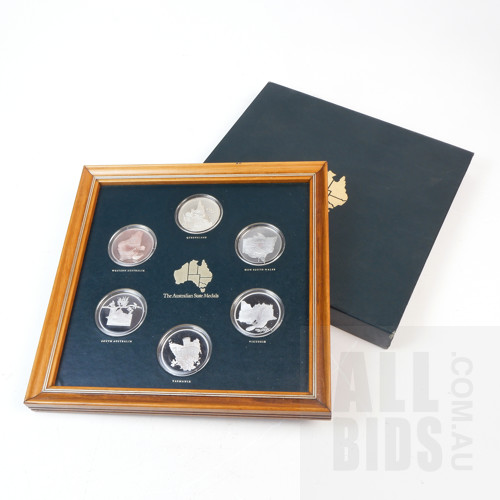 Six Sterling Silver Australian State Medals in a Framed Presentation by Stokes