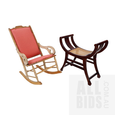 Antique Rustic Rocking Chair with a Contemporary Campaign Armchair with Rattan Seat
