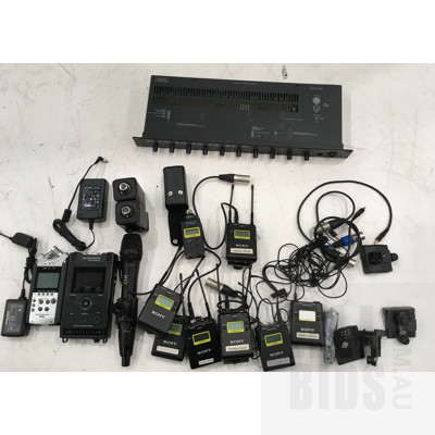 Australian Monitor MX61 Six Channel Mono Mixer, Sony URX-P03 Wireless Receiver, Sony UTX-B03 Bodypack Transmitter, Zoom H4n Handy Recorder And Marantz PMD661 Solid State Recorder