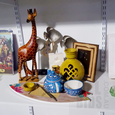 Pottery Oil Burner, Wooden Giraffe Statue, Pierced Yellow Ceramic Vase and More