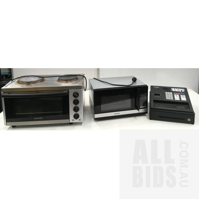 Euromaid MC130T Benchtop Oven with Cooktop, Sharp 800W Black/Silver Compact Microwave, Sharp XEA10 Electronic Cash Register
