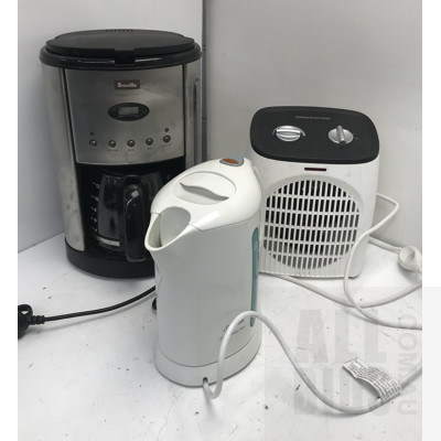 Sunbeam, KE2350, Cordless Electric Kettle, Home And Co FH218A-B Fan Heater and Breviille BCM6001842 Drip Filter Coffee Machine