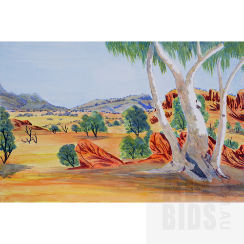Thomas Yamankarra Stephens (Arrernte language group), Untitled (Central Australian Landscape), Watercolour, 25 x 38 cm